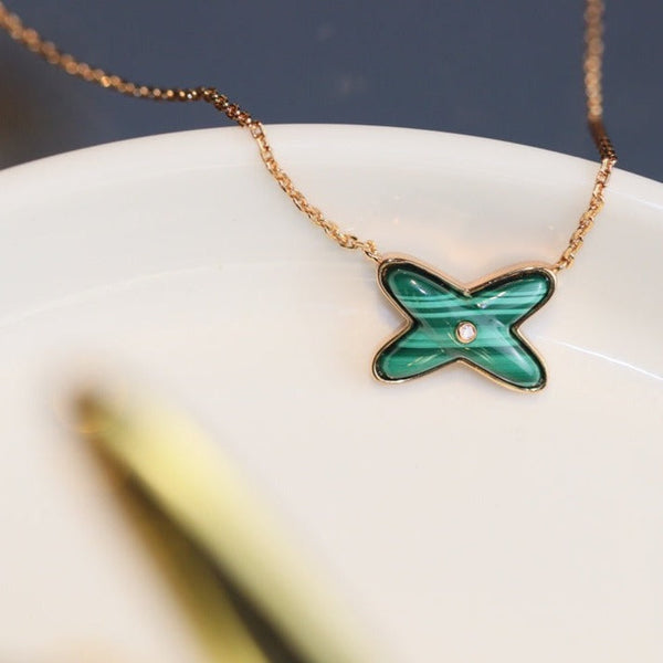 ˇShiny JewelryˇJEUX マラカイト 1ダイヤモンド ピンクゴールドネックレス